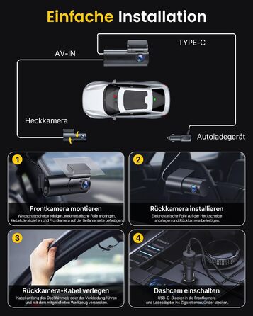 Автомобільний відеореєстратор GKU 4K+1080P (передній та задній), 5GHz WiFi, з карткою пам'яті 64GB, глянцевий чорний