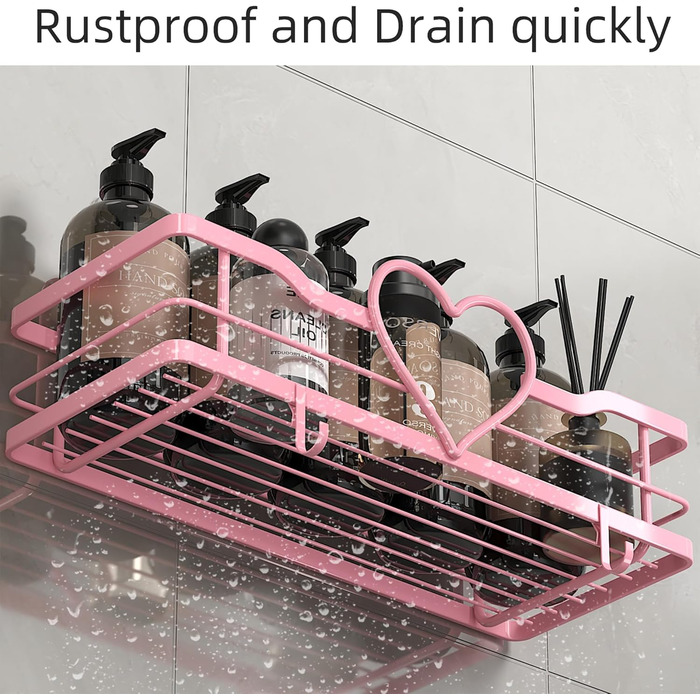 Двостороння поличка для душу без свердління, рожева, з 4 гачками, 11.5 см - органайзер для шампуню та мила