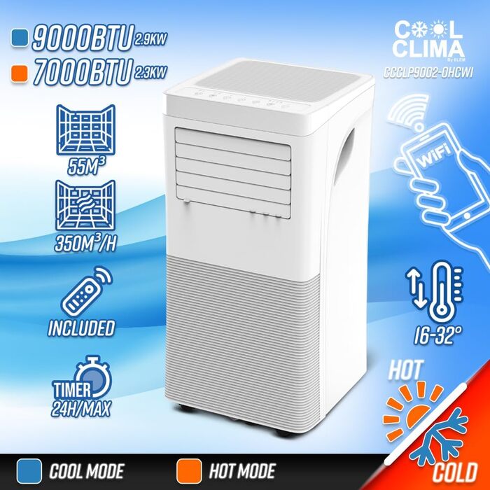 Мобільний кондиціонер, 9000 BTU, 2.9 кВт, з Wi-Fi, обігрів/охолодження, з пультом керування