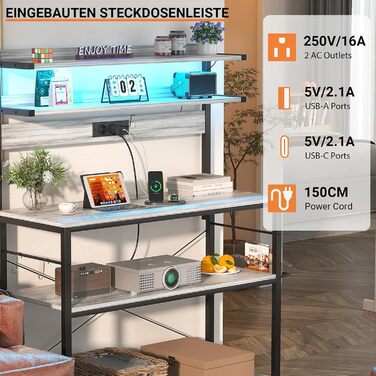 Кухонна полиця-стійка з розеткою, підставка для мікрохвильовки, 5-рівнева кавобар з LED-підсвічуванням, полиця для спецій, каструль та сковорідки (80см, Білий дуб)