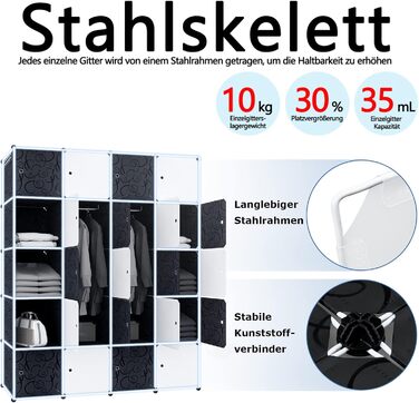 UISEBRT DIY Plastic Wardrobe System - Stackable Shelving Unit, Closet Organizer, Coat Rack, Shoe Rack, Plastic Boxes, Black with Pattern (20 Boxes with Door)
