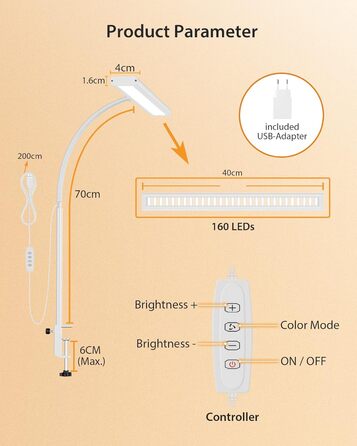 Настільна лампа 10W з регулюванням яскравості, 160 LED, USB-адаптер, 3 колірні температури, 10 рівнів яскравості, гнучкий 70см