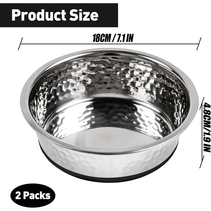 Набір з 2 мисок для собак великих, середніх та маленьких порід, нержавіюча сталь, з антиковзким силіконом, 18 см