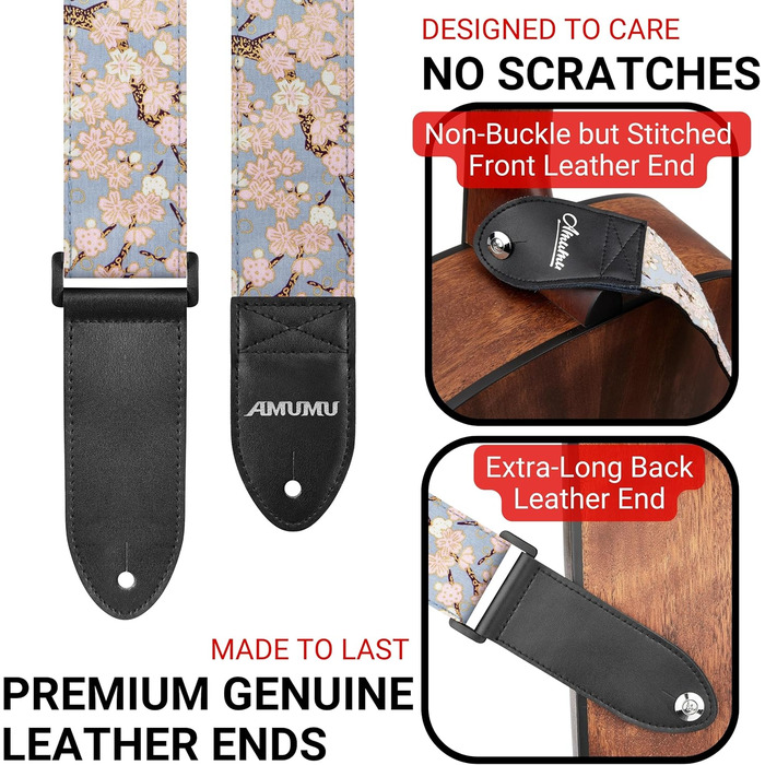 Гітарний ремінь Amumu з бавовни з вишивкою троянд та шкіряними кінцями для бас, електро та акустичної гітари, з фіксатором та блоками для ременя (Цвітіння сливи)