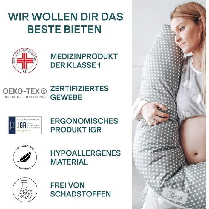 Подушка для годування Koala Babycare XXL: подушка для вагітних, для сну на боці, з бавовняним чохлом, сертифікований медичний виріб, подушка для дорослих (сірий - білий) X-Large сірий - білі крапки