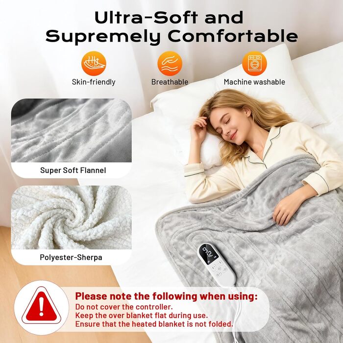 Електрична ковдра з автовимкненням 130x180 см, 8 режимів нагріву, захист від перегріву, двостороння, для ліжка/софи, сіра