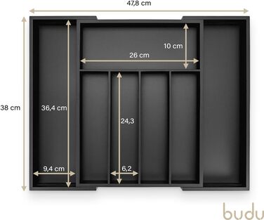 Органайзер для кухонних шухляд Besteckkasten #47 (глибина 47 см) з бамбука - чорний, висувний, для порядку в кухні