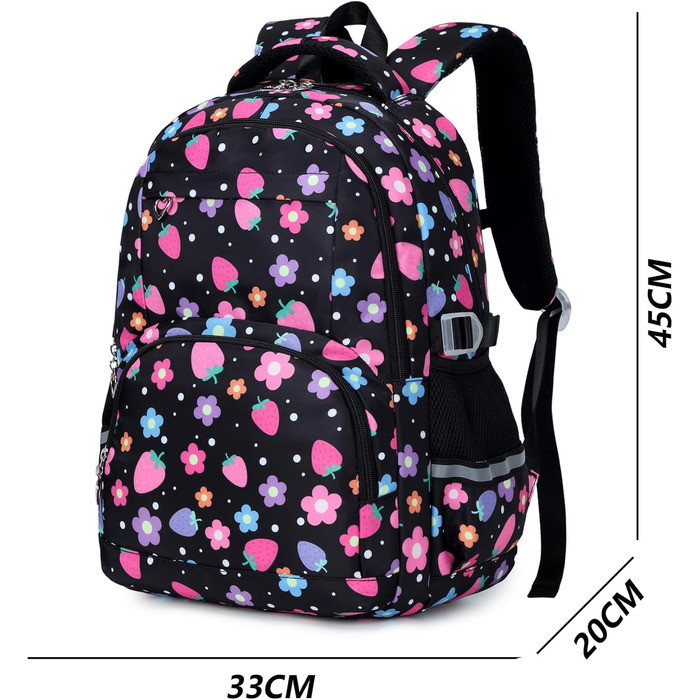 Шкільний рюкзак для дівчинки-підлітка вінтажний, набір. Квітковий дизайн, рюкзак для ноутбука, шкільні сумки для жінок. Підходить для школи, подорожей. У комплекті: ланч-бокс та пенал. Колір: полуниця, чорний