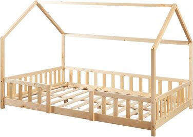 en.casa Kids Bed Sisimiut House Bed 140 x 200 cm with Side Rails Wooden Bed for Children Floor Bed Slatted Frame Pine Wood Wood Finish Wood 140x200cm