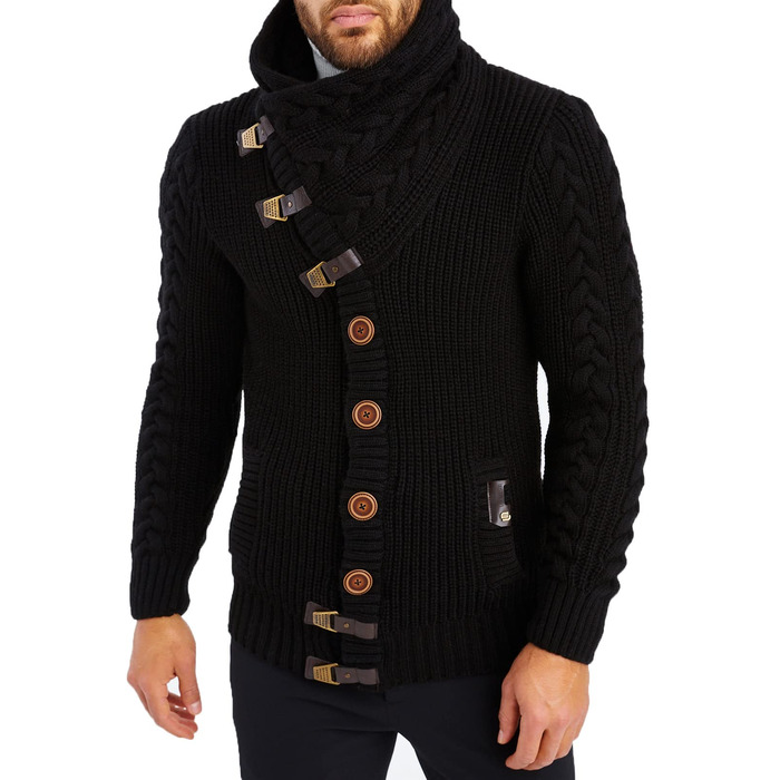 Чоловічий светр Leif Nelson з коміром-шарфом, Slim Fit, зимовий, повсякденний, великий в'язаний, чорний худі-светр LN7080 Cael (S, Чорний)