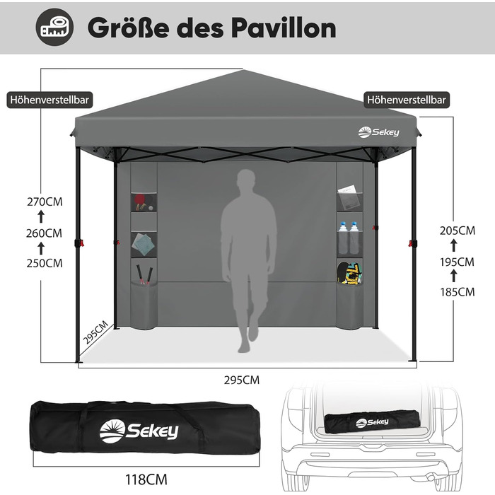 Sekey One-Touch Pop-Up Pavilion 3x3 Waterproof, Winter-Proof, Foldable 3x3m Pavilion with Thickened Tubes, Party Tent Pavilion for Camping, Festival, Party (Gray, with Back Wall)