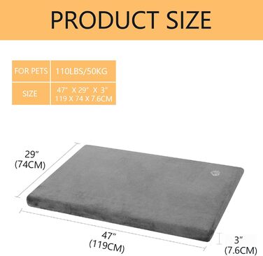 EMPSIGN Dog Bed for Large Dogs, Washable Dog Cushion, Waterproof Dog Bed L 89x56cmx7.6cm, Dog Cushion Suitable for Cages, Dog Mat with Removable and Washable Cover for Large Dogs, Grey (XXL (119*74*5.8cm))