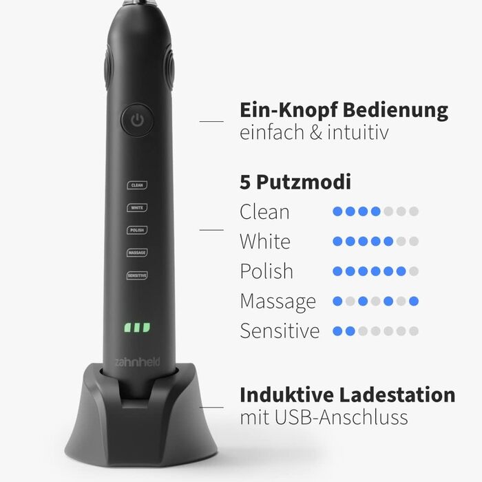 Електрична звукова зубна щітка Zahnheld® | Якість, насадка та футляр | чорна (Gero G2, 2 шт. відбілювальні)