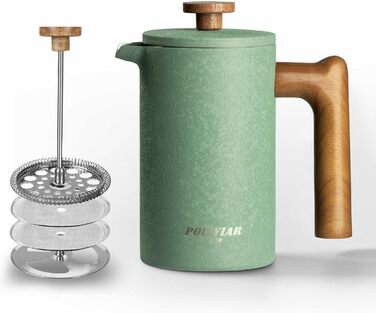 Френч-прес Poliviar 1 л / 8 чашок, з подвійними стінками, ізольований, для кави та чаю, з дерев'яною ручкою, Flatland (зелений)