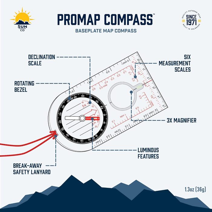 Sun Company ProMap Kompass – Ultralight baseplate compass with declination scale – Accurate orientation baseplate compass for hiking, backpacking, camping, and survival navigation