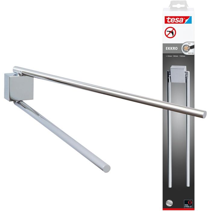 tesa EKKRO Bad Handtuchhalter, 2-arm and swivel, chrome - for wall mounting without drilling, incl. adhesive solution - 428 mm x 50 mm x 87 mm