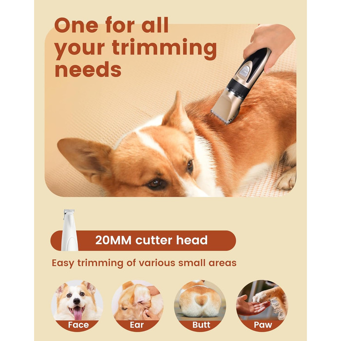 Машинка для стрижки собак 2 в 1 з тримером для лап, тиха, з LED-підсвічуванням, професійна, Type-C, для малих та великих собак і котів