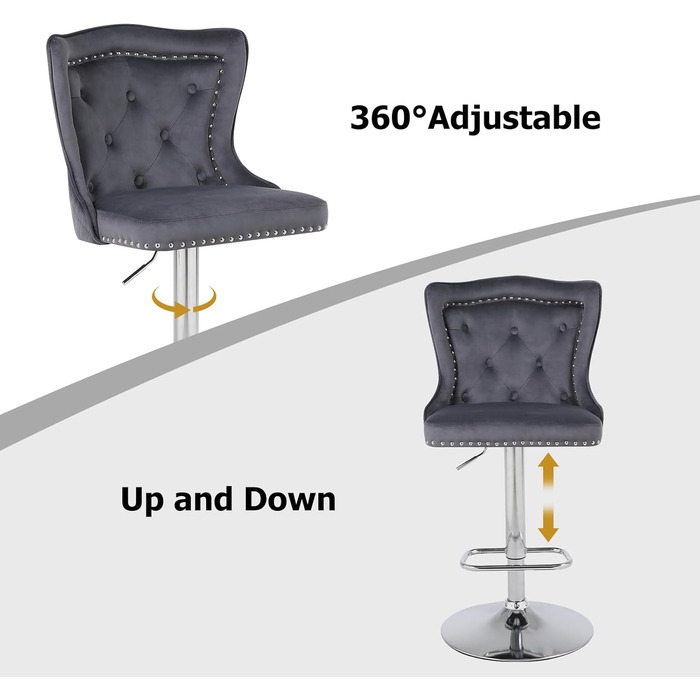 KHISCHMO Set of 4 Velvet Bar Stools - Modern Kitchen Counter Stools with Lion Paw Pulls - Adjustable Height, 360° Swivel - Black (Gray)