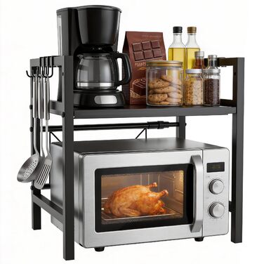Розширювана полиця для мікрохвильової печі Ribelli, 2 яруси, сталева, з 3 гачками, чорна