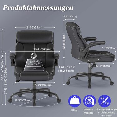 Офісний крісло AnyGod з шкіри, регульовані підлокітники, поворотне, для дому та офісу, до 136 кг, чорне