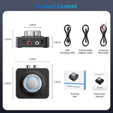 Bluetooth 5.0 Аудіоприймач NEUTYPECHIC: Dual AUX адаптер з 3.5 мм для стереосистеми, колонки, авто