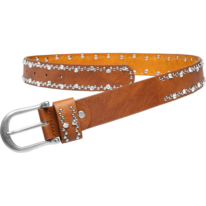 Жіночий ремінь Caspar GU292 з декором стрази та заклепки, колір коньяк, розмір 107-111 см