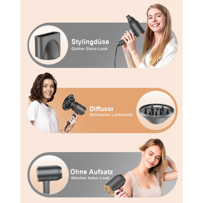 Іонний фен з насадкою-дифузором DEWILY 1800W, Швидке сушіння, Кнопка холодного/гарячого повітря, Термостат, 3 температури, 2 швидкості, Концентратор, Фен для локонів (Чорний+Золотий)
