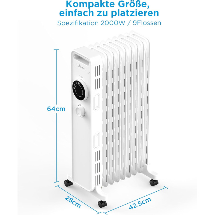 Масляний радіатор Midea NY2009-22M 2000Вт, 9 секцій, економний, тихий, електрообігрівач з термостатом, 3 режими, захист від перегріву та перекидання, ECO-режим, швидкий нагрів, портативний, білий