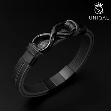 Браслет шкіряний чоловічий UNIQAL Infinity з нержавіючої сталі та натуральної шкіри (чорний/коричневий) + подарункова коробка 21 см