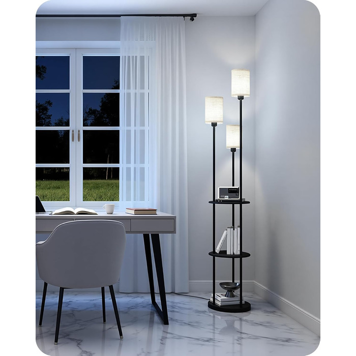 Стельова лампа для вітальні з поличкою, 3-хламкова лампа на ніжці з полицею Vintage, Бохо підлогова лампа з дерева з вимикачем на ніжці, патрон E27, ретро-дизайн, рустикальний коричнево-бежевий колір ZEF53LDD05 (Бежевий, Чорний)