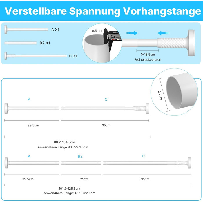 Штанга для карниза без свердління, 100-230 см, телескопічна, натяжна, для душу, вікна та балкону (біла)