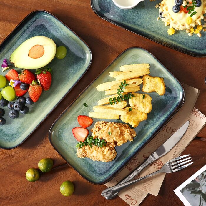 Набір сервірувальних тарілок Vancasso Stern (4 шт.) з кераміки, зелений. Тарілки для їжі, десерту, тортів, сніданку. Можна мити в посудомийній машині та використовувати в мікрохвильовці.