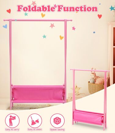 Relquorax Bamboo Children's Clothes Rack with Storage Bag and Clothes Rail, Dress-up Stand, Small Wardrobe Rack, for Costumes in Children's Rooms (Pink)