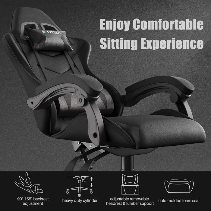 Геймерське крісло Bigzzia Ergonomiczne: з подушкою для попереку та підголовником, регульована висота, чорне, для підлітків та дорослих