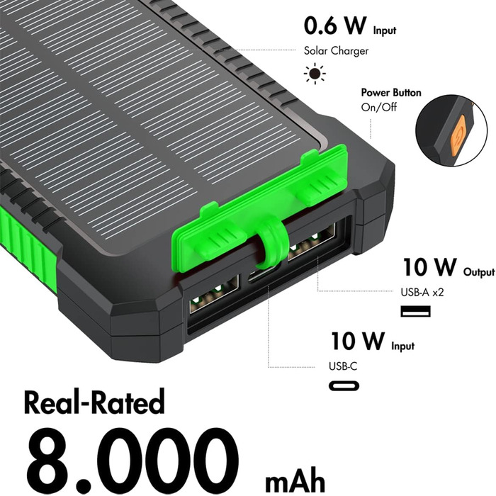Портативний зарядний пристрій Solar Powerbank 8000 mAh з ліхтариком, чорно-оранжевий, одночасна зарядка 2 пристроїв (2x USB Type-A)
