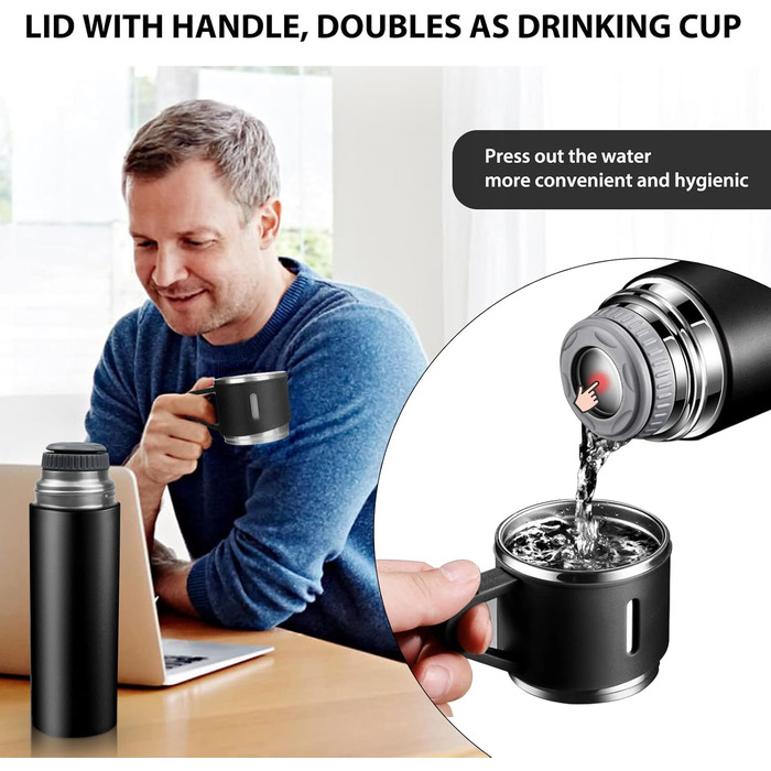 Stainless Steel Thermos Flask with Cup and Handle - 500ml Insulated Travel Mug, Leak-Proof, Double-Walled, Vacuum Insulated, Hot/Cold for Kids, Sports (Black)