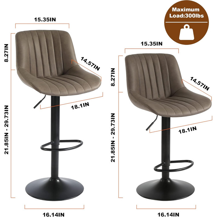 Youhauchair 2-Piece Swivel Bar Stools with Backrest - Adjustable Height PU Leather Bar Stools for Kitchen & Bar - Brown
