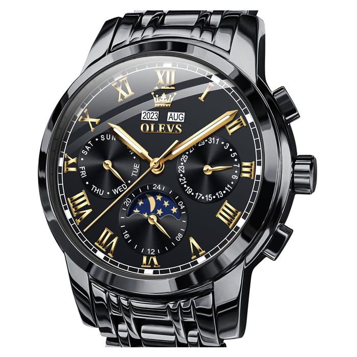 Чоловічий механічний годинник OLEVS 6692 з автопідзаводом: золотистий корпус, чорний циферблат та ремінець, фаза місяця, водонепроникний, люкс бізнес-стиль