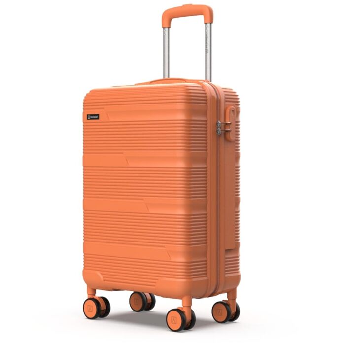 Набір валіз NUMADA Upfly T10 (4 шт.): ручна валіза 55x40x20 см, середня 60L, велика 78L, косметичка. ABS, помаранчевий колір. Міцний та надійний багажний набір.