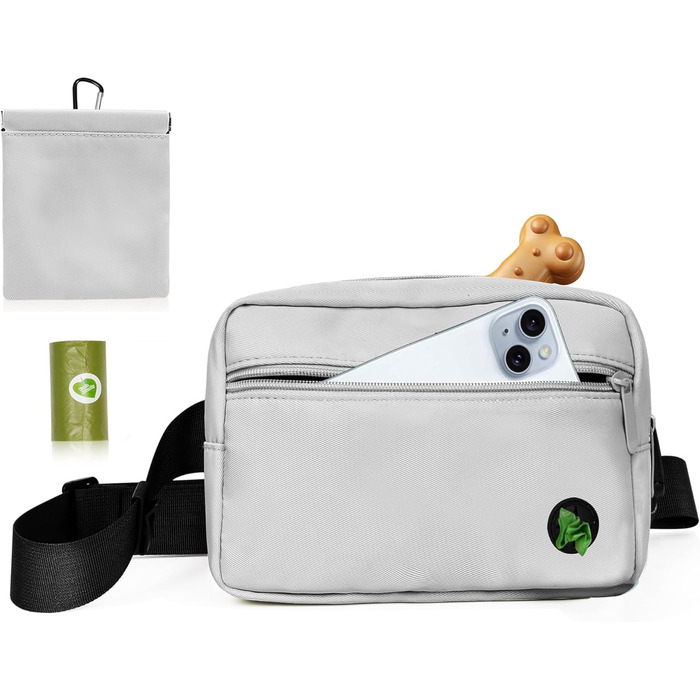 Сумка для собак з карабіном, сумка для тренування цуценят з відділенням для ласощів та тримачем для пакетів, зручна сумка для перенесення їжі та відходів для тварин з регульованим поясом (Сіра)