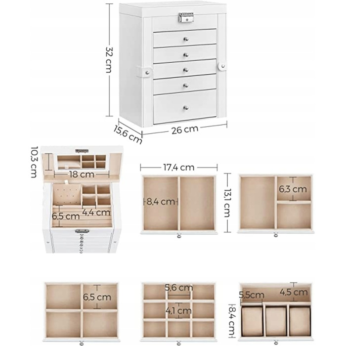 Скринька для прикрас Songmics JBC152W01, 32 x 26 x 15,6 см, біла