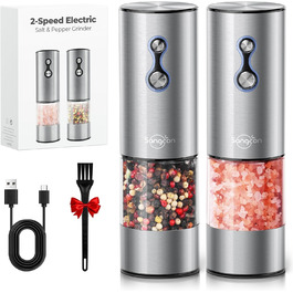 Sangcon Electric Salt and Pepper Grinder Set, 2-Speed 500 mAh Large Capacity Rechargeable Pepper Grinder Made of Stainless Steel, Two LED Lights with Dust Cover, Adjustable Grind Size (Silver)