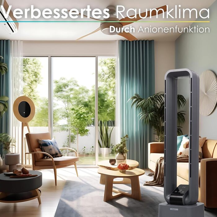 Турбовентилятор Echos Golo Grey: тихий, з пультом, осциляція, LED-дисплей, 3 режими, 12 швидкостей, таймер 15h