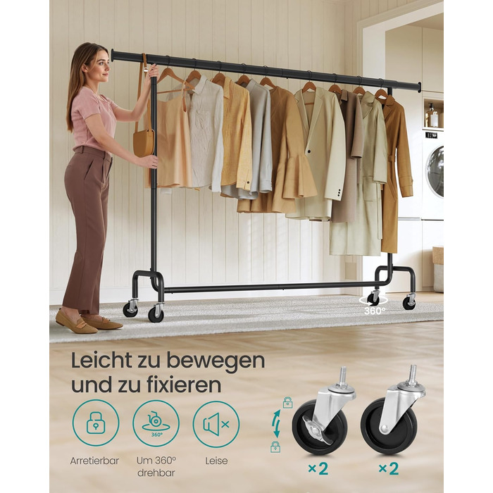 SONGMICS Clothes Rack with Wheels, Coat Rack, Heavy-Duty, Extendable Clothes Rod, Holds up to 110 kg, 45 x (160-200) x 162.9 cm, Metal, Chrome, HSR176E01 ((160-200)B cm, Matte Black)