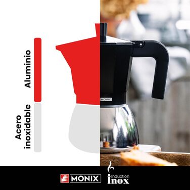Кавоварка Monix Induction Inox для індукції, алюміній та нержавіюча сталь, 3 чашки, термостійка ручка, підходить для всіх плит, червона