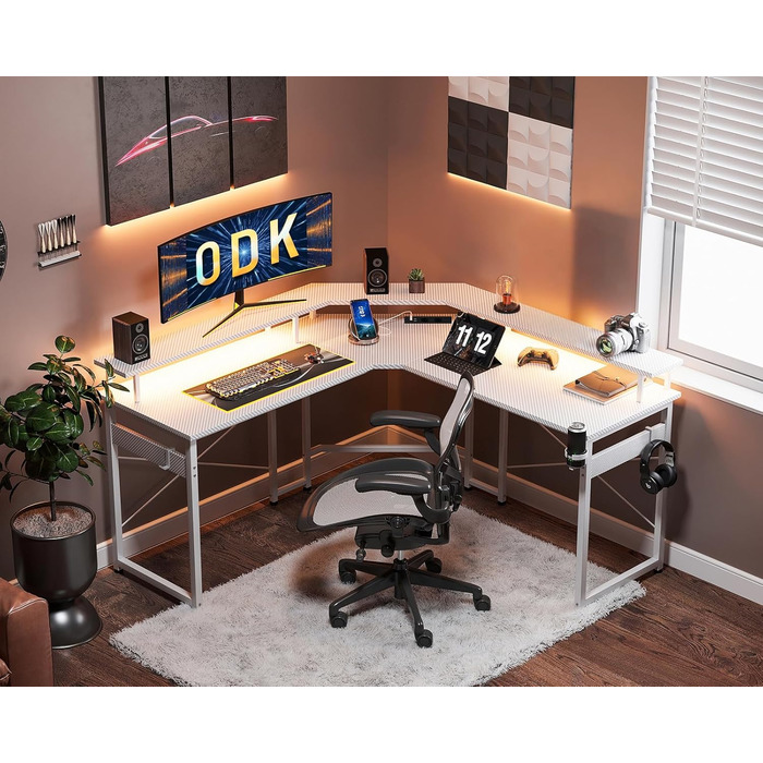 ODK Gaming Table with LED, Gaming Desk with 2 Outlets and 2 USB Charging Ports, PC Table Gaming with a Generous Monitor Stand, Gamer Desk in Carbon Fiber White, 129x129 cm