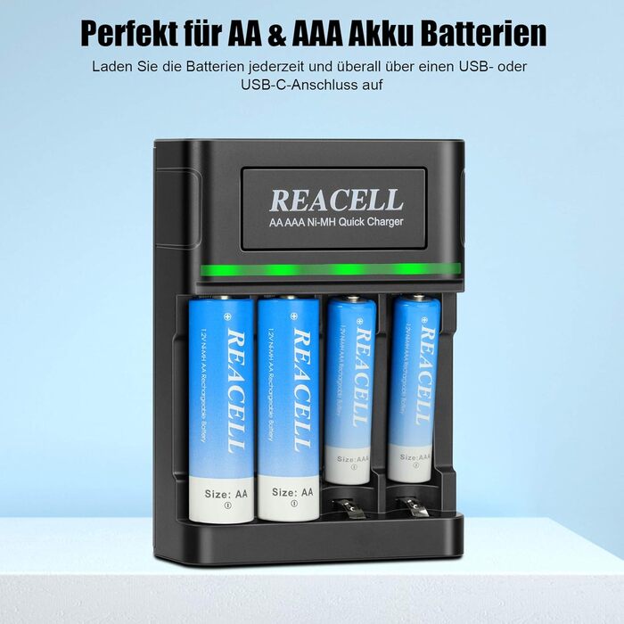 Зарядний пристрій для акумуляторів AA/AAA NiMH, LED дисплей, USB Type-C та Micro USB, швидка зарядка