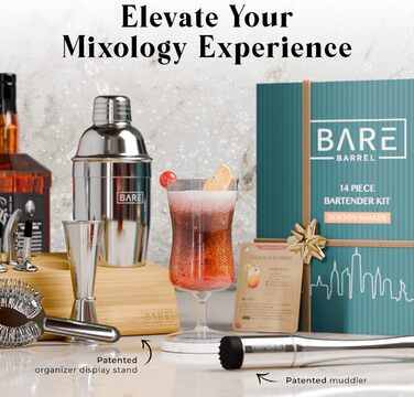 Набір бармена Mixology Barkeeper-Set для коктейлів та мартіні (14 предметів) з підставкою та рецептами. Професійний шейкер для барменів, подарунковий набір 0.7л