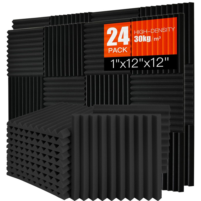 Акустичний поролон для шумоізоляції стін, панелі звукопоглинаючі з пінопласту високої щільності, 30 x 30 x 2.5 см, 24 шт. в комплекті