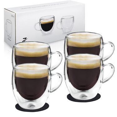 Набір з 4 еспресо-чашок Zobel 80 мл з подвійними стінками та ручкою з боросилікатного скла, з фетровими підставками. Можливе миття в посудомийній машині, термостійкі. Ефект левітації.